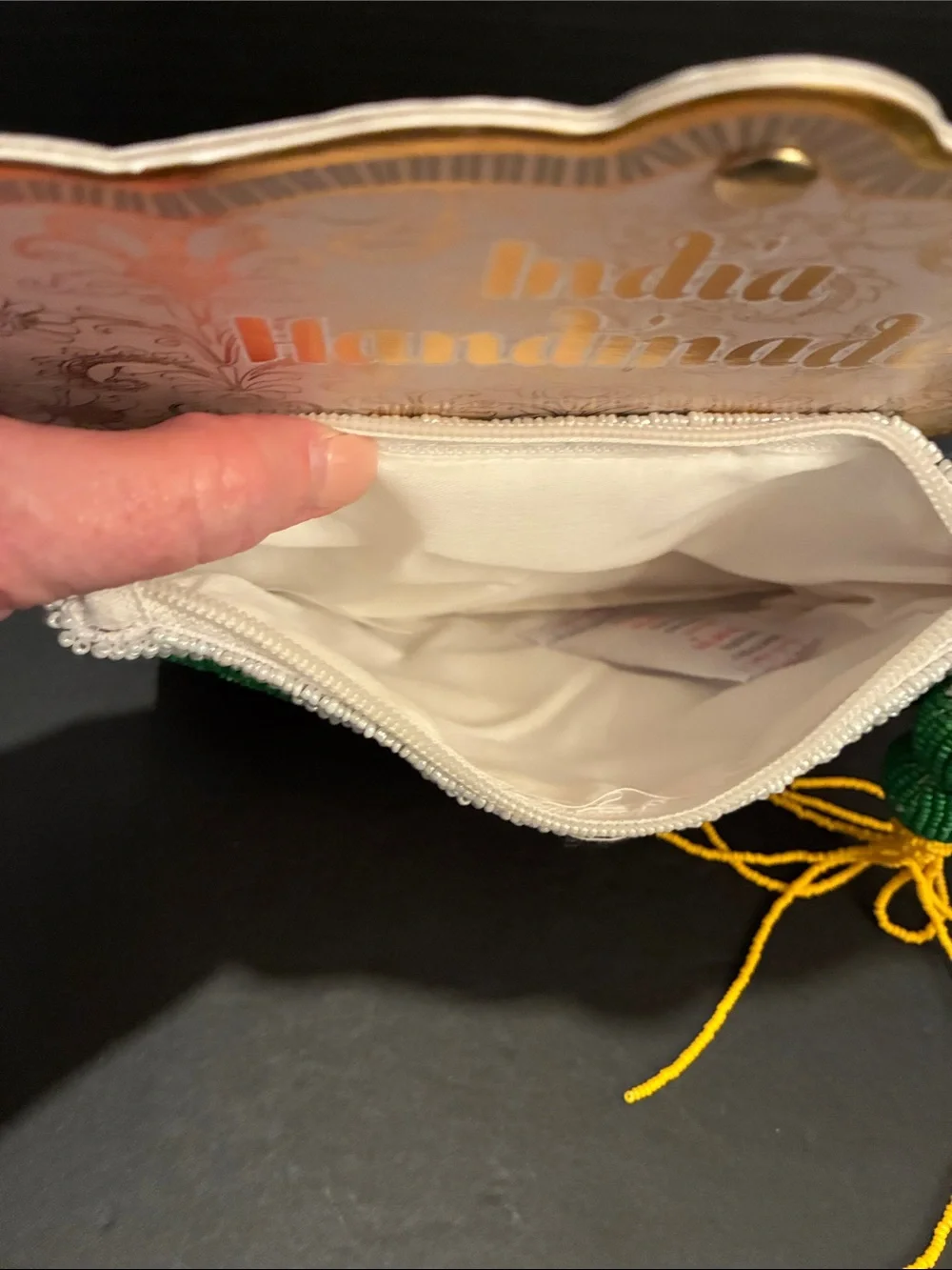 Made in India Handmade White Beaded Lemon 🍋 Pouch - Yellow & Green